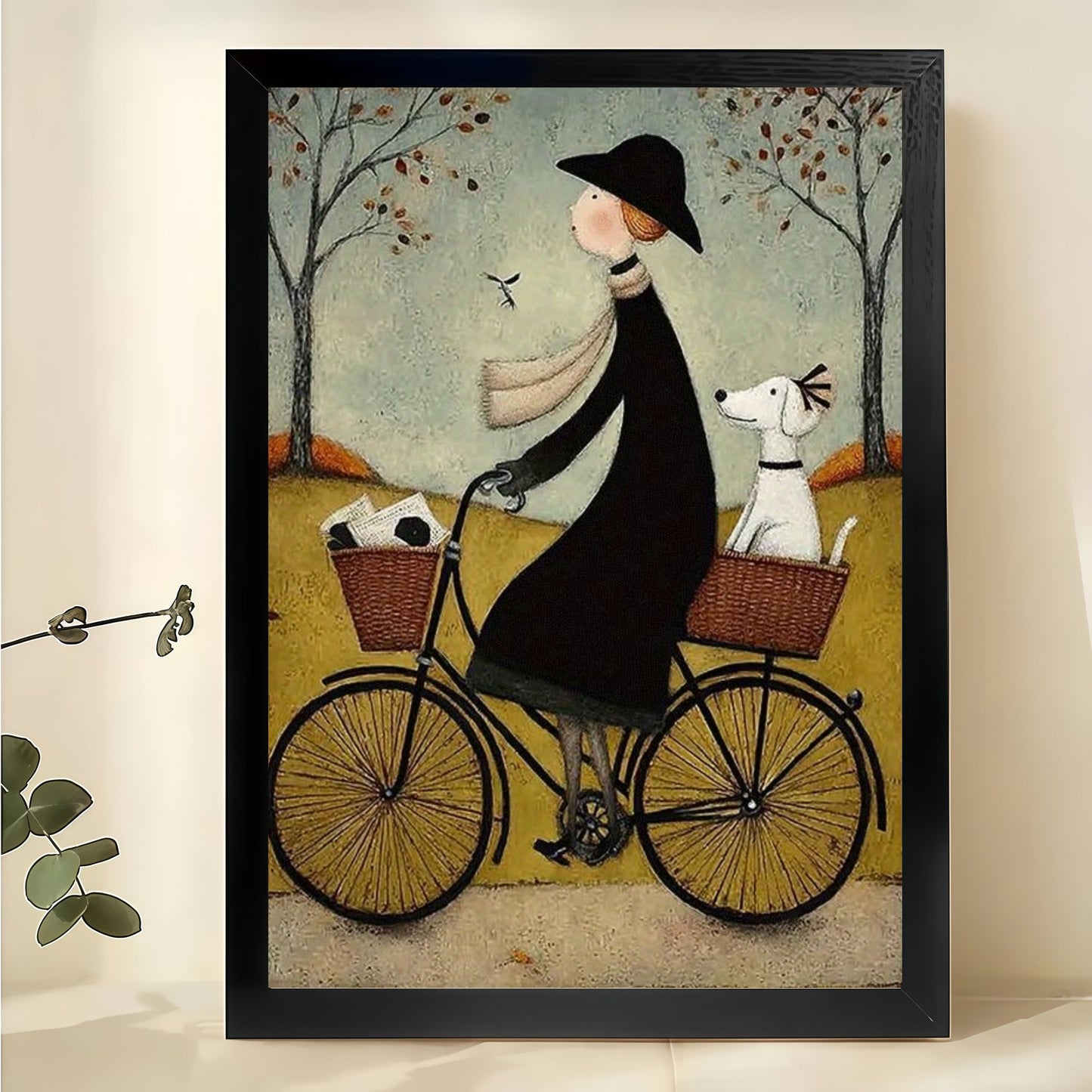 Woman Riding Bicycle with Dogs Wall Art – Whimsical Folk Art Style Canvas Print on Natural Wood Frame