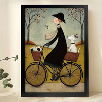 Woman Riding Bicycle with Dogs Wall Art – Whimsical Folk Art Style Canvas Print on Natural Wood Frame