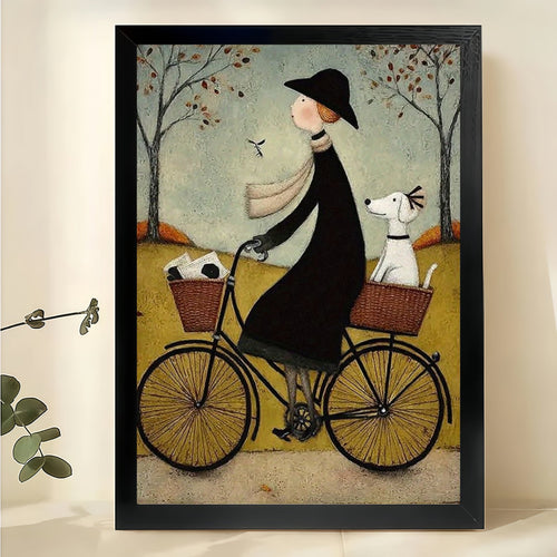 Woman Riding Bicycle with Dogs Wall Art – Whimsical Folk Art Style Canvas Print on Natural Wood Frame