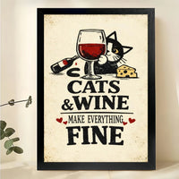 Cats & Wine Make Everything Fine – Vintage Retro Cat Bar Wall Art on Natural Wood Canvas