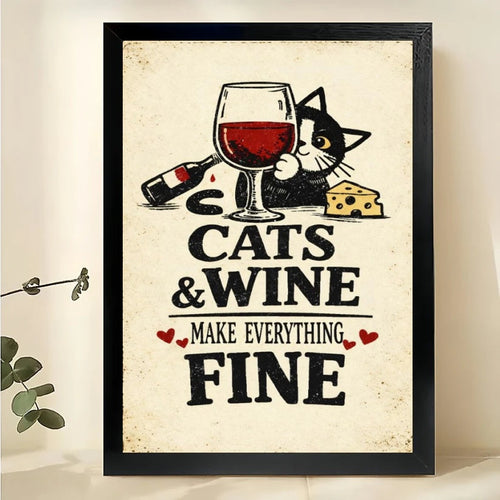 Cats & Wine Make Everything Fine – Vintage Retro Cat Bar Wall Art on Natural Wood Canvas