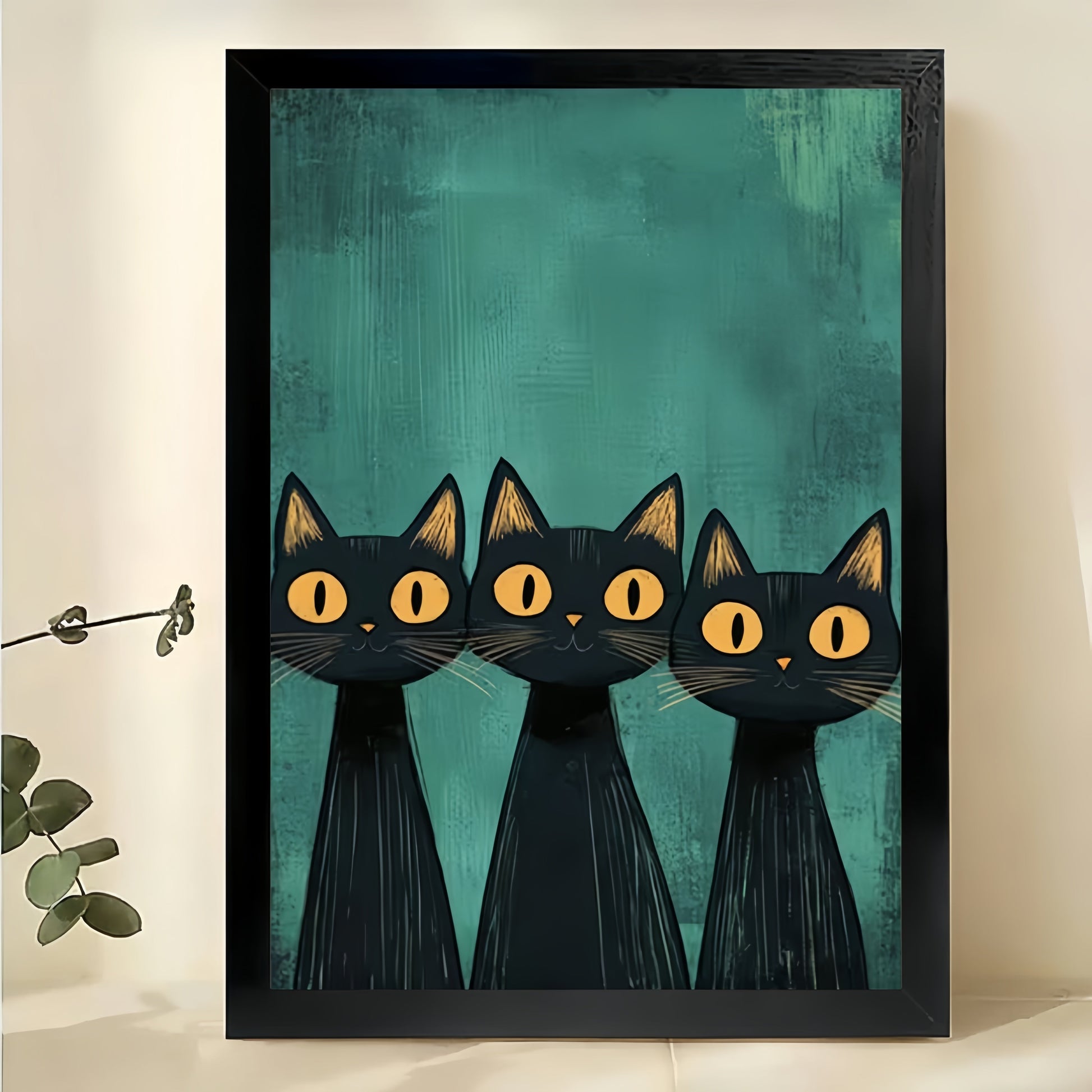 Three Black Cats – Minimalist Modern Style Natural Wood Grain Canvas Wall Art