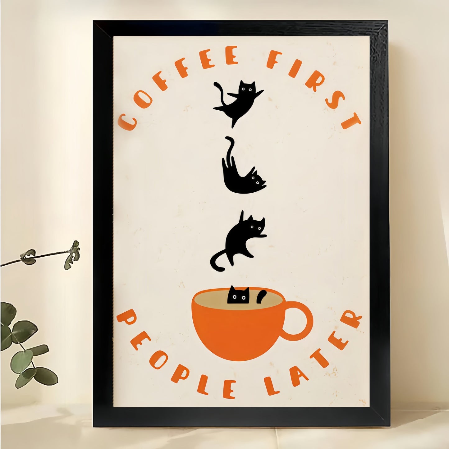 The Coffee-First Cat Crew – Playful Retro Wall Art on Natural Wood Canvas