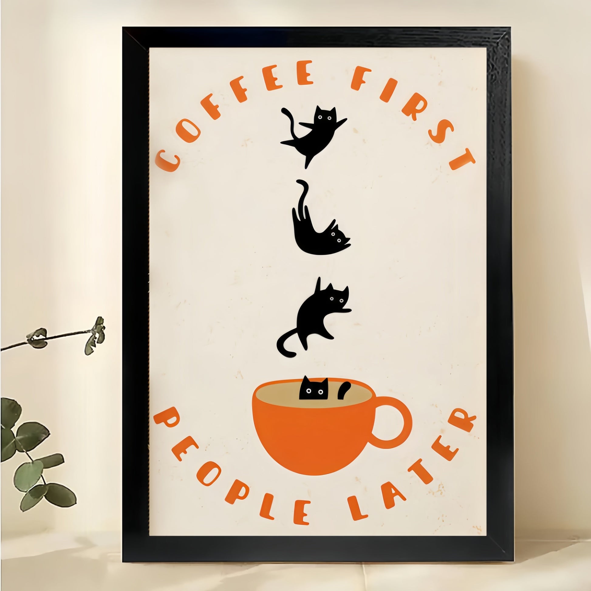 The Coffee-First Cat Crew – Playful Retro Wall Art on Natural Wood Canvas