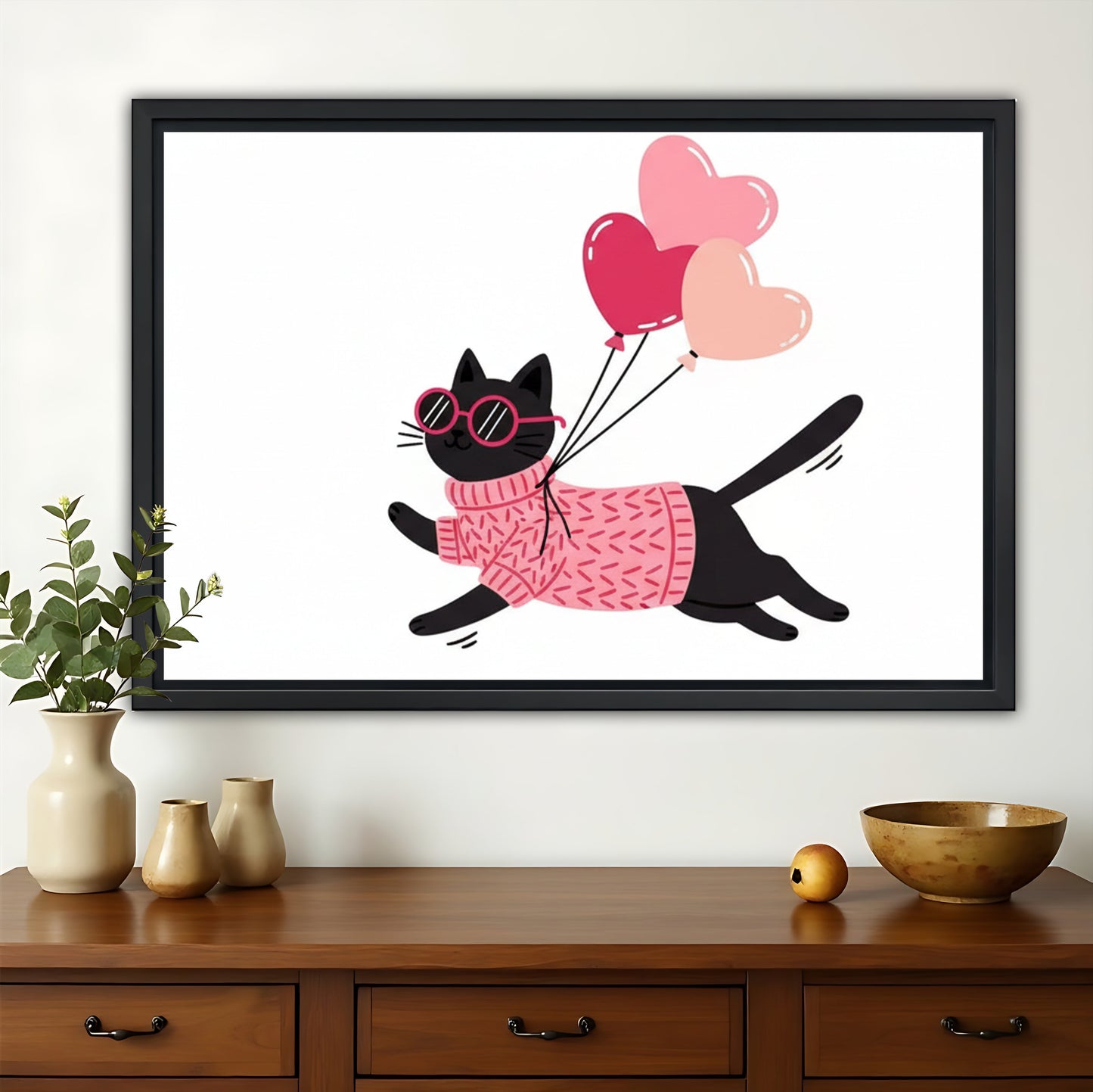 The Balloon-Carrying Pink Cat – Cute Whimsical Cat Wall Art on Natural Wood Canvas
