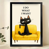 I DO WHAT I WANT Sassy Black Cat – Retro Mid-Century Wall Art on Natural Wood Canvas
