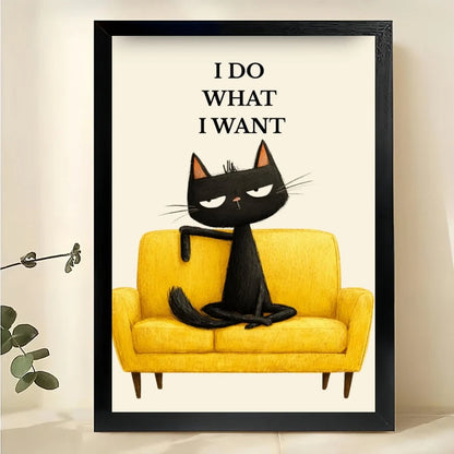 I DO WHAT I WANT Sassy Black Cat – Retro Mid-Century Wall Art on Natural Wood Canvas