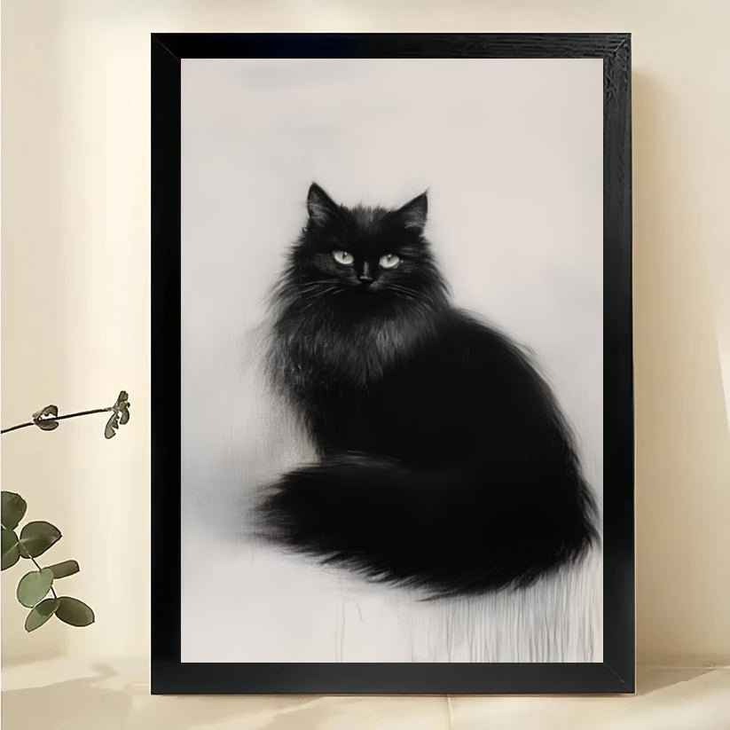 Black Cat on Wooden Table – Realistic Still Life Wall Art on Natural Wood Canvas