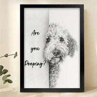Are you pooping?Curious Dog – Minimalist Bathroom Wall Art on Natural Wood Canvas
