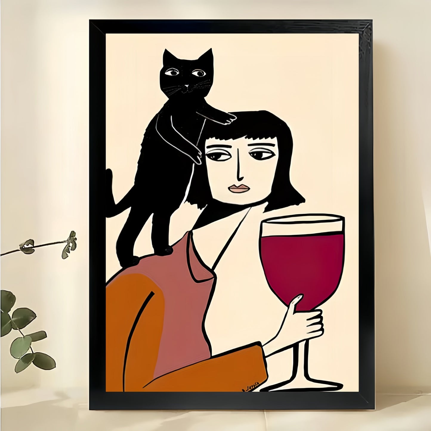 Woman with Wine & Black Cat – Retro Whimsical Cat Wall Art on Natural Wood Canvas