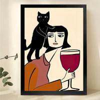 Woman with Wine & Black Cat – Retro Whimsical Cat Wall Art on Natural Wood Canvas