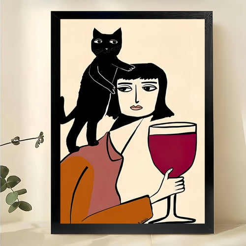 Woman with Wine & Black Cat – Retro Whimsical Cat Wall Art on Natural Wood Canvas