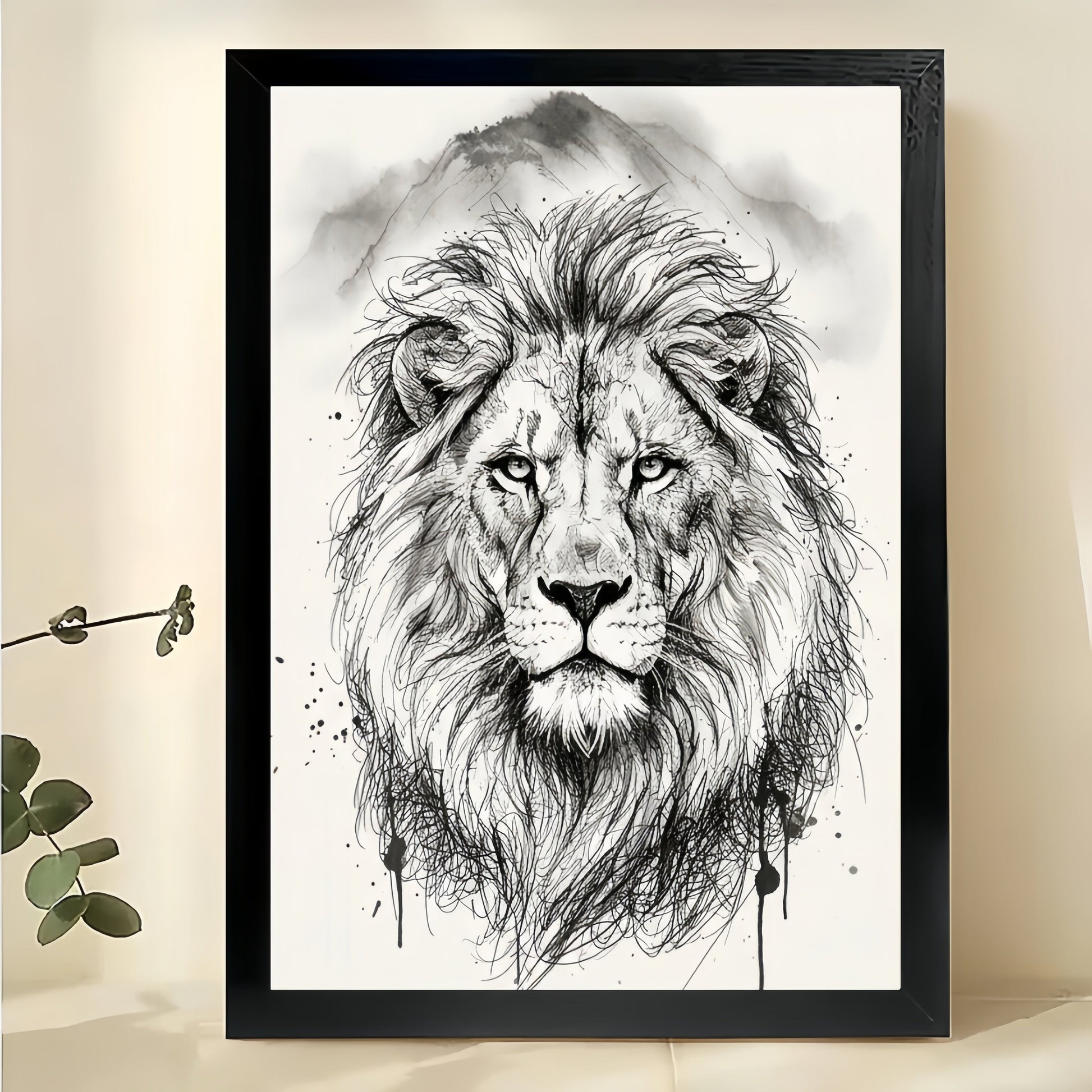 The Ink-Wash Style Lion – Regal Minimalist Wall Art on Natural Wood Canvas