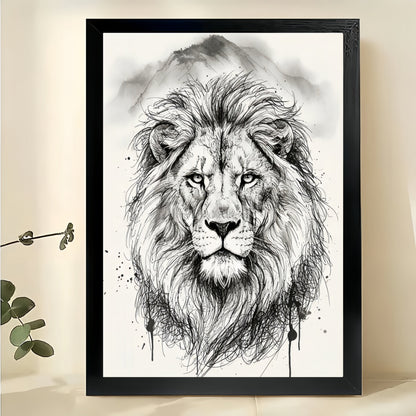 The Ink-Wash Style Lion – Regal Minimalist Wall Art on Natural Wood Canvas