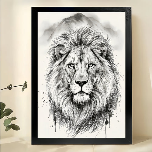 The Ink-Wash Style Lion – Regal Minimalist Wall Art on Natural Wood Canvas