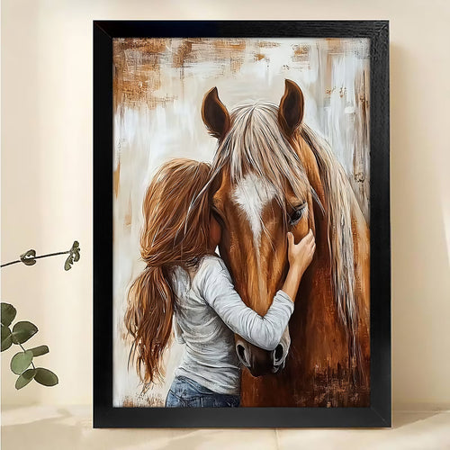 Girl Horse Embrace – Warm Animal Portrait Wall Art on Natural Wood Canvas