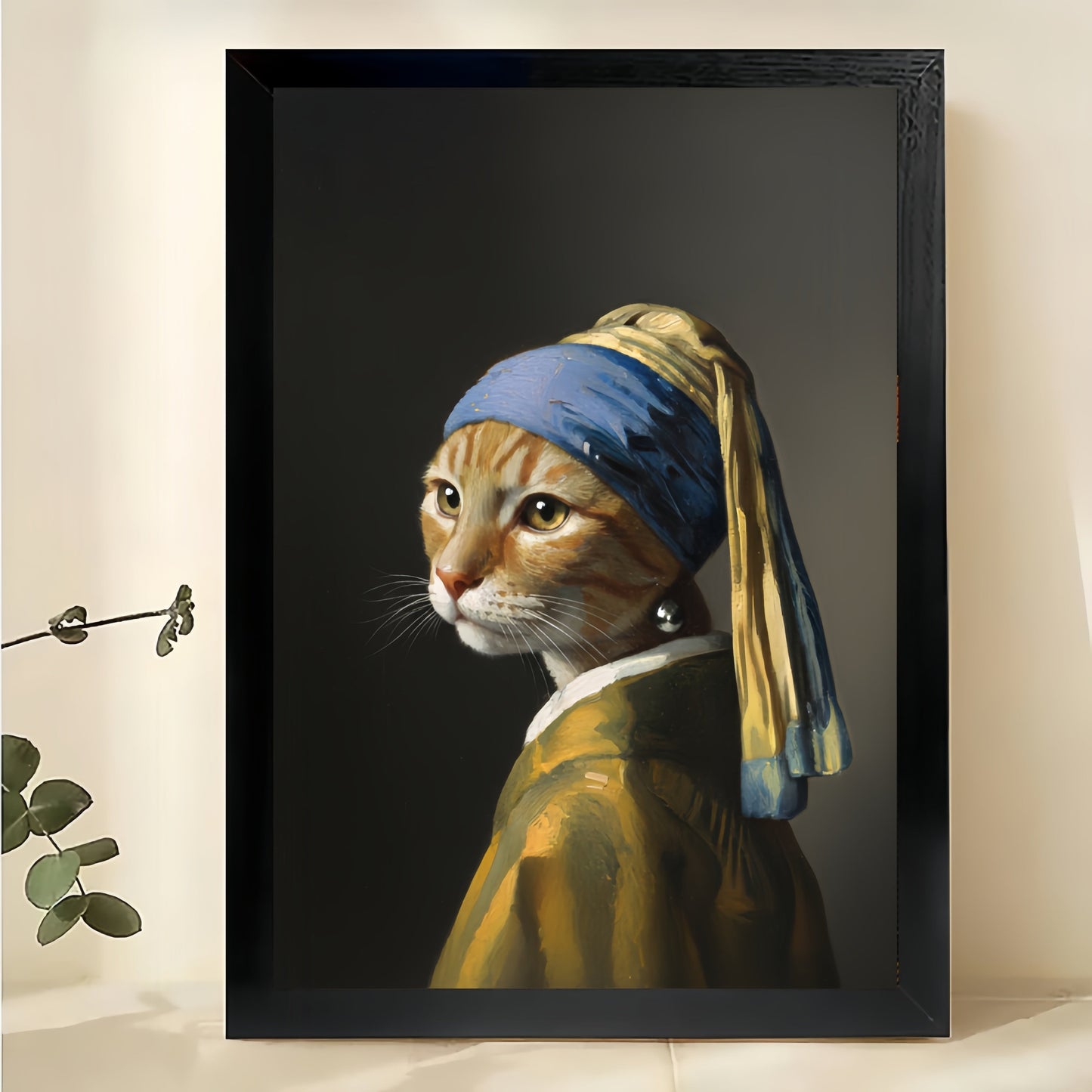 The Cat With The Pearl Earring – Classic Art Reimagined Wall Art on Natural Wood Canvas