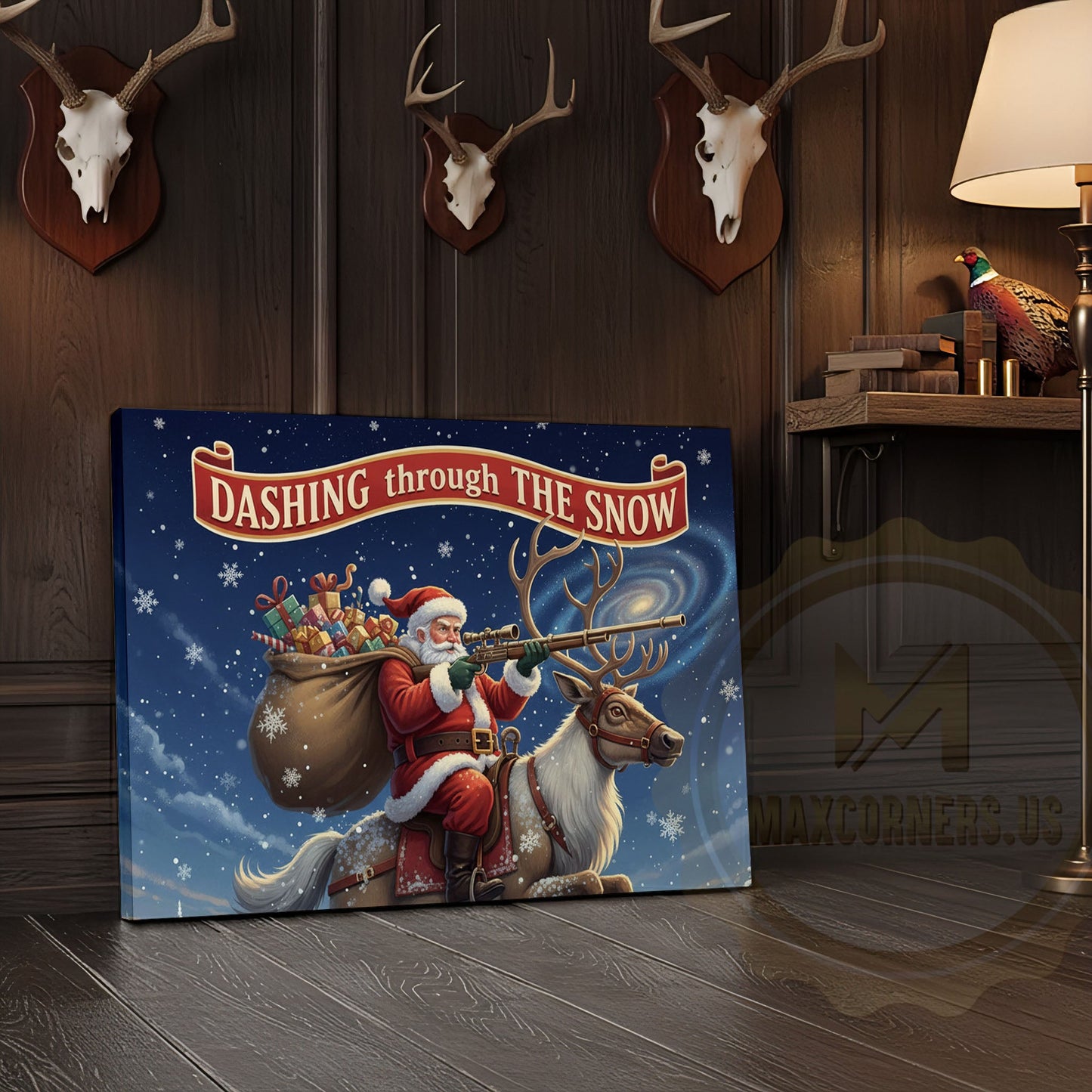 Santa Riding Reindeer Dashing Through the Snow Wrapped Canvas