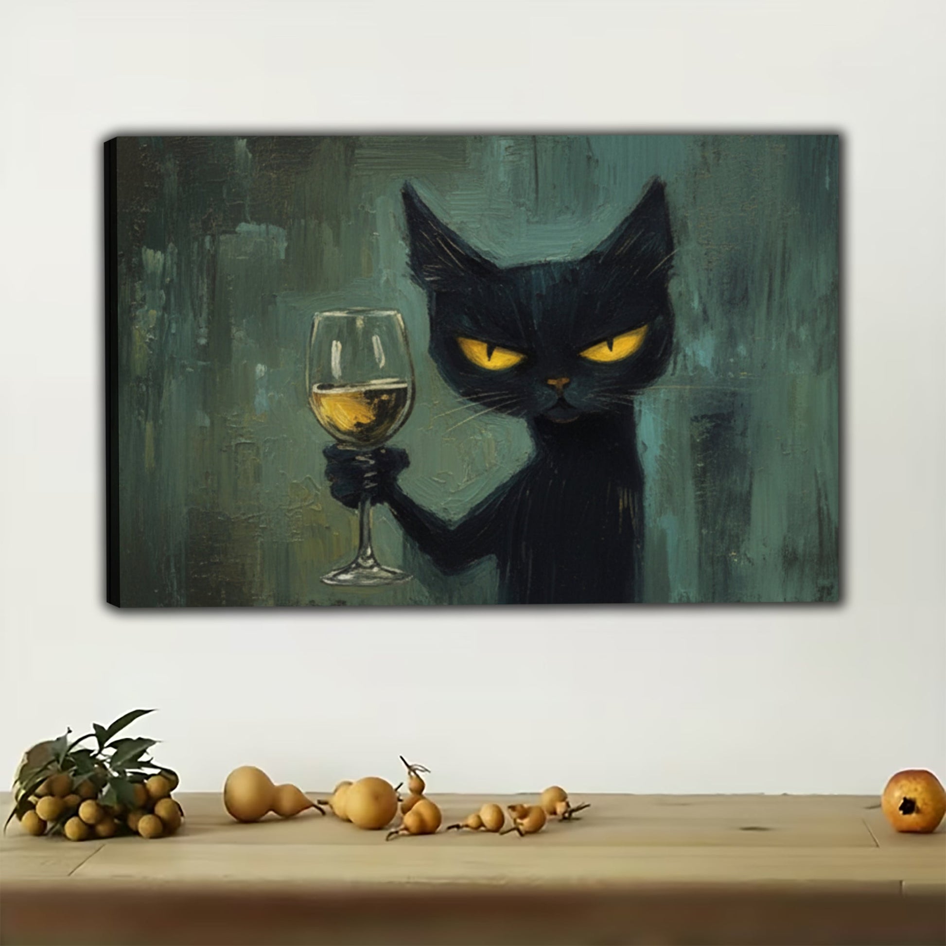 The Champagne-Toting Black Cat – Sophisticated Retro Wall Art on Natural Wood Canvas