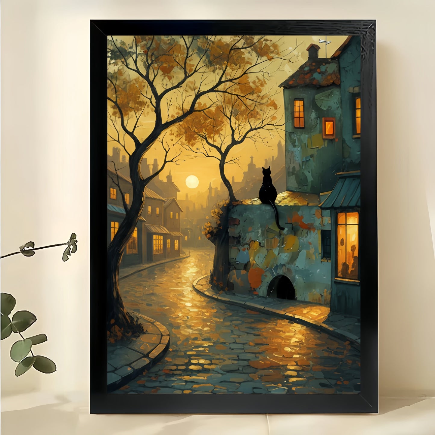 Rainy Cobblestone Town Black Cat – Moody Vintage Wall Art on Natural Wood Canvas