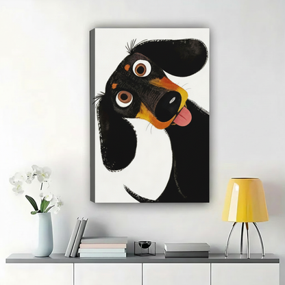 Playful Black Dog Art Print – Framed Canvas Wall Decor