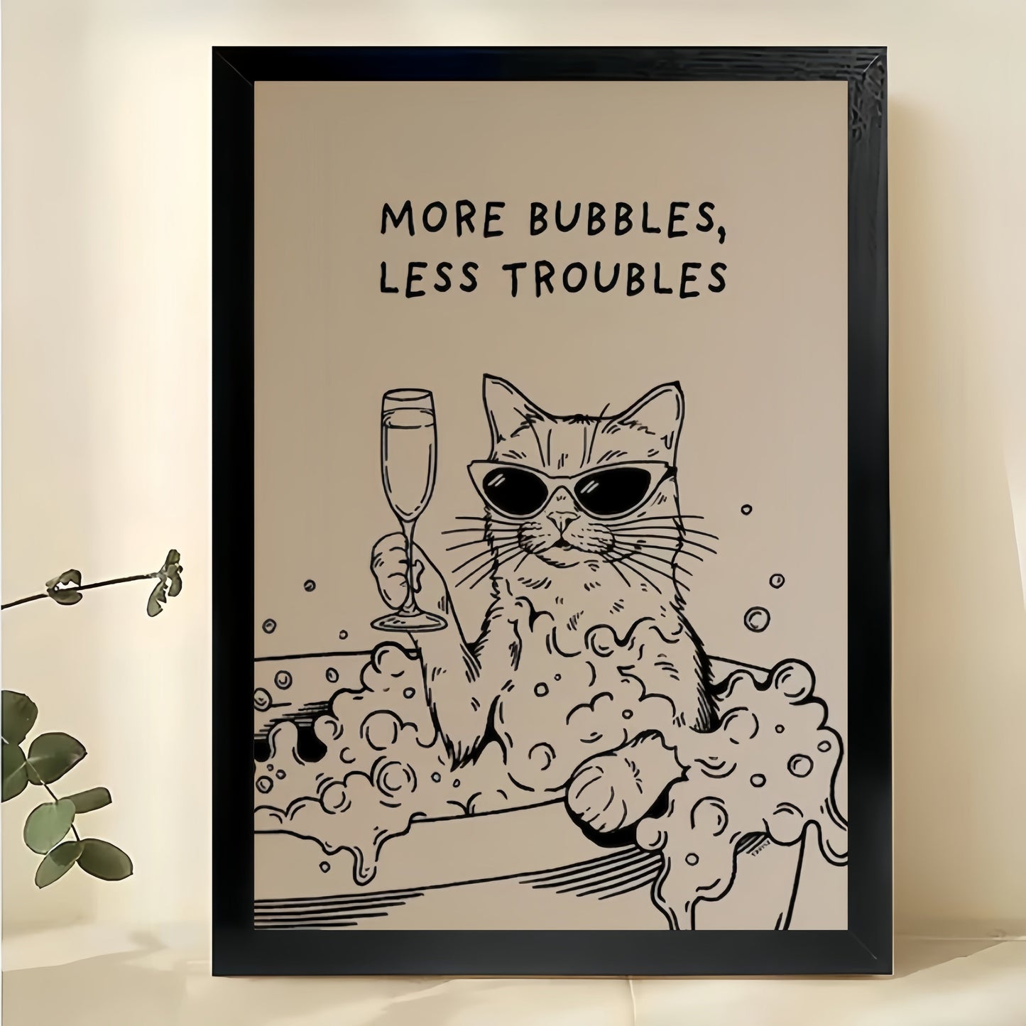 Make Yourself Less Troubles Sassy Black Cat – Humorous Bathroom Wall Art on Natural Wood Canvas