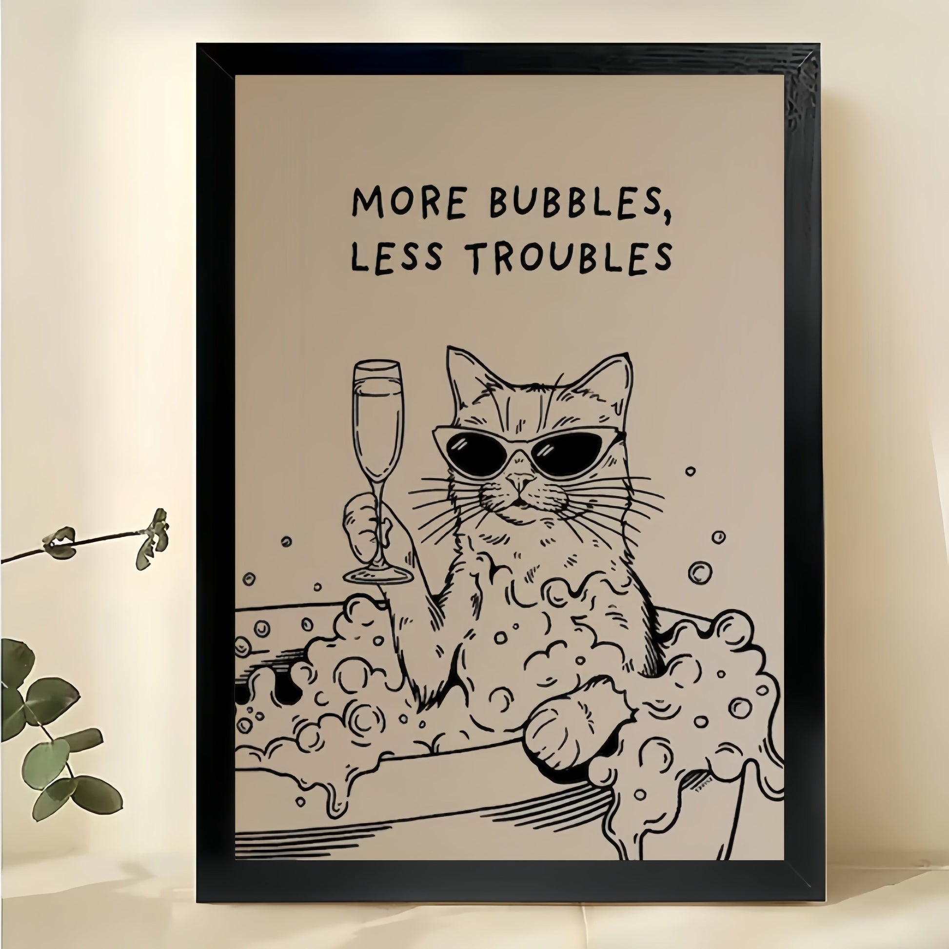 Make Yourself Less Troubles Sassy Black Cat – Humorous Bathroom Wall Art on Natural Wood Canvas