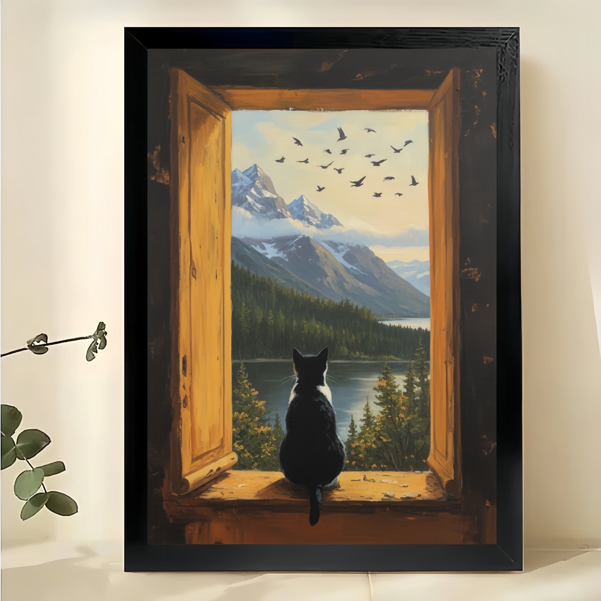 Black Cat on Window Sill Gazing at Mountain Landscape – Cozy Nature Wall Art on Natural Wood Canvas