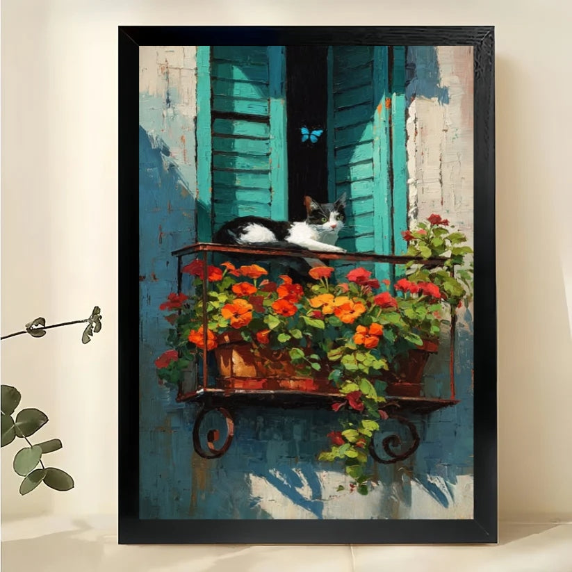 Cat on Balcony with Flowers Wall Art – Charming Mediterranean Cat Canvas Print on Natural Wood Frame
