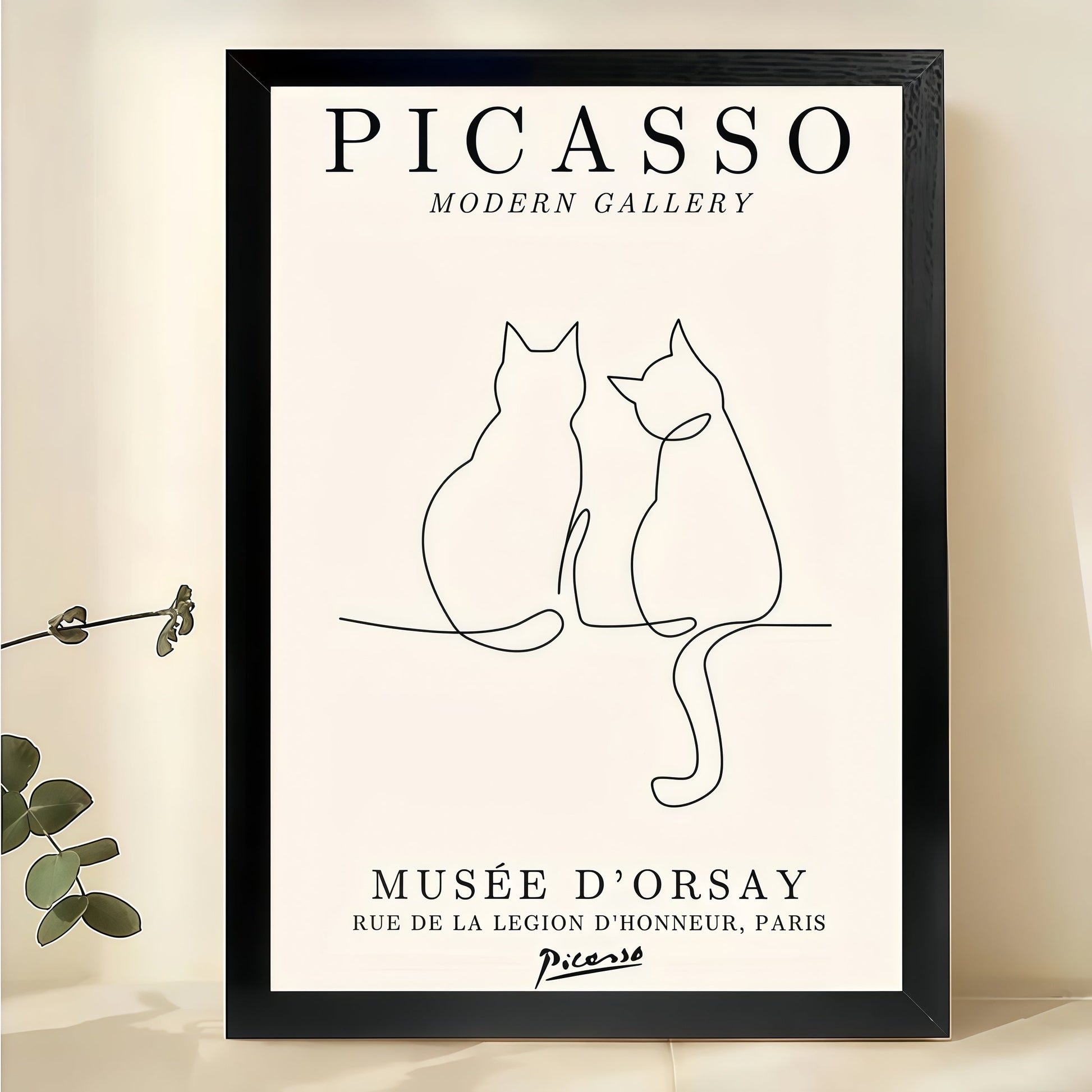 Picasso Two Cats in Love – Minimalist Line Art Wall Art on Natural Wood Canvas