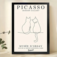 Picasso Two Cats in Love – Minimalist Line Art Wall Art on Natural Wood Canvas