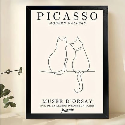 Picasso Two Cats in Love – Minimalist Line Art Wall Art on Natural Wood Canvas