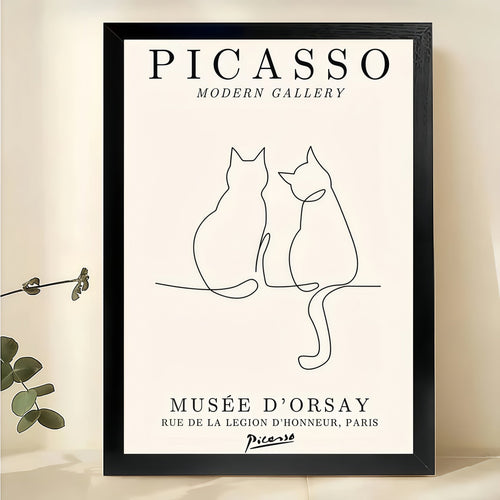Picasso Two Cats in Love – Minimalist Line Art Wall Art on Natural Wood Canvas