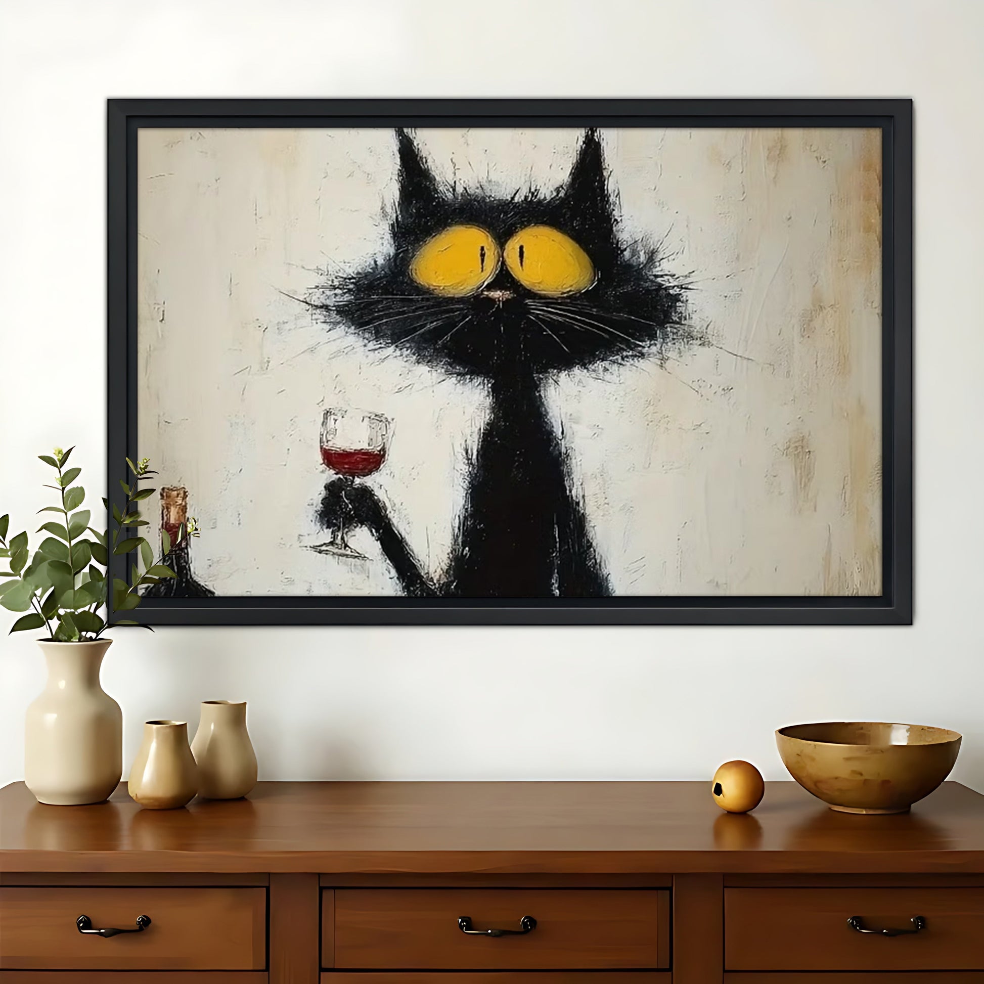 Black Cat with Wine Glass – Retro Cocktail Wall Art on Natural Wood Canvas