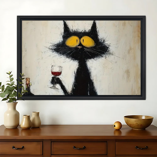 Black Cat with Wine Glass – Retro Cocktail Wall Art on Natural Wood Canvas