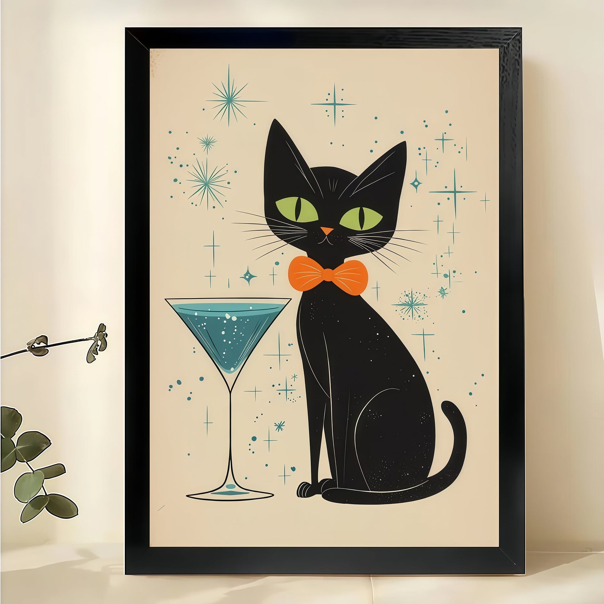 Mid-Century Black Cat with Martini – Retro Starry Background Wall Art on Natural Wood Canvas