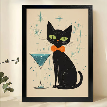 Mid-Century Black Cat with Martini – Retro Starry Background Wall Art on Natural Wood Canvas