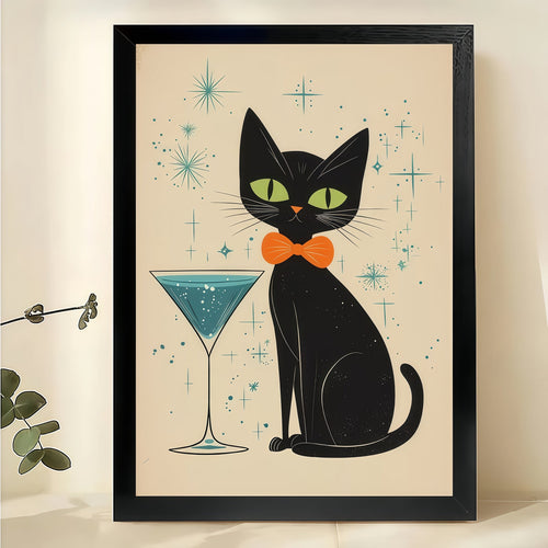 Mid-Century Black Cat with Martini – Retro Starry Background Wall Art on Natural Wood Canvas