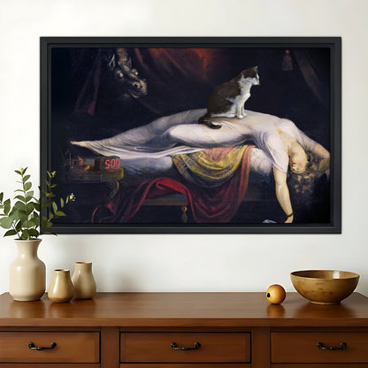 Black Cat on Classic Painting – Artistic Parody Wall Art on Natural Wood Canvas