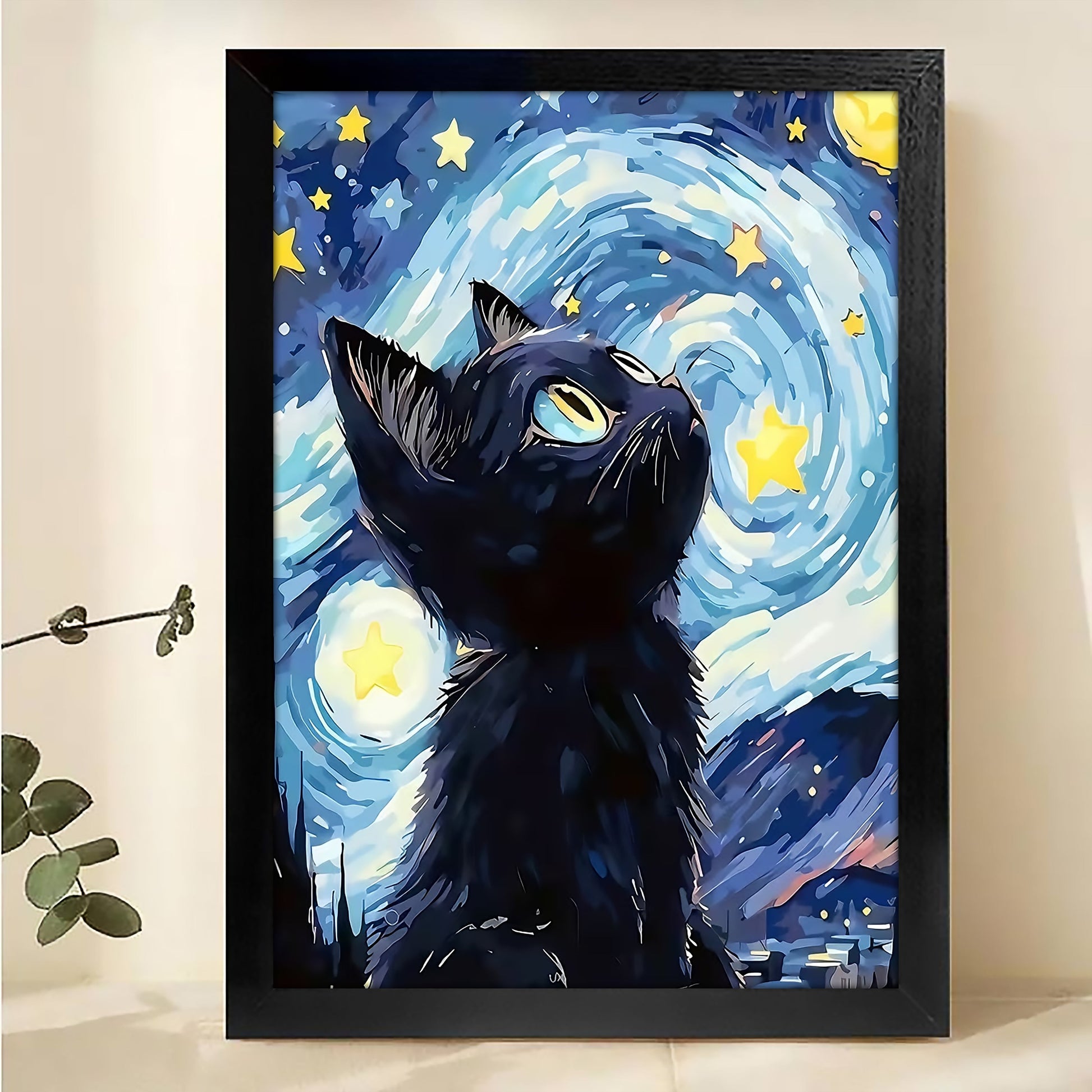 The Starry Night Dreaming Cat – Artistic Feline Wall Art on Natural Wood Grain Canvas