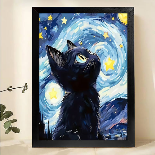 The Starry Night Dreaming Cat – Artistic Feline Wall Art on Natural Wood Grain Canvas