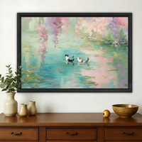 Monet-Inspired Water Lily Cats Wall Art – Dreamy Floral Cat Canvas Print on Natural Wood Frame