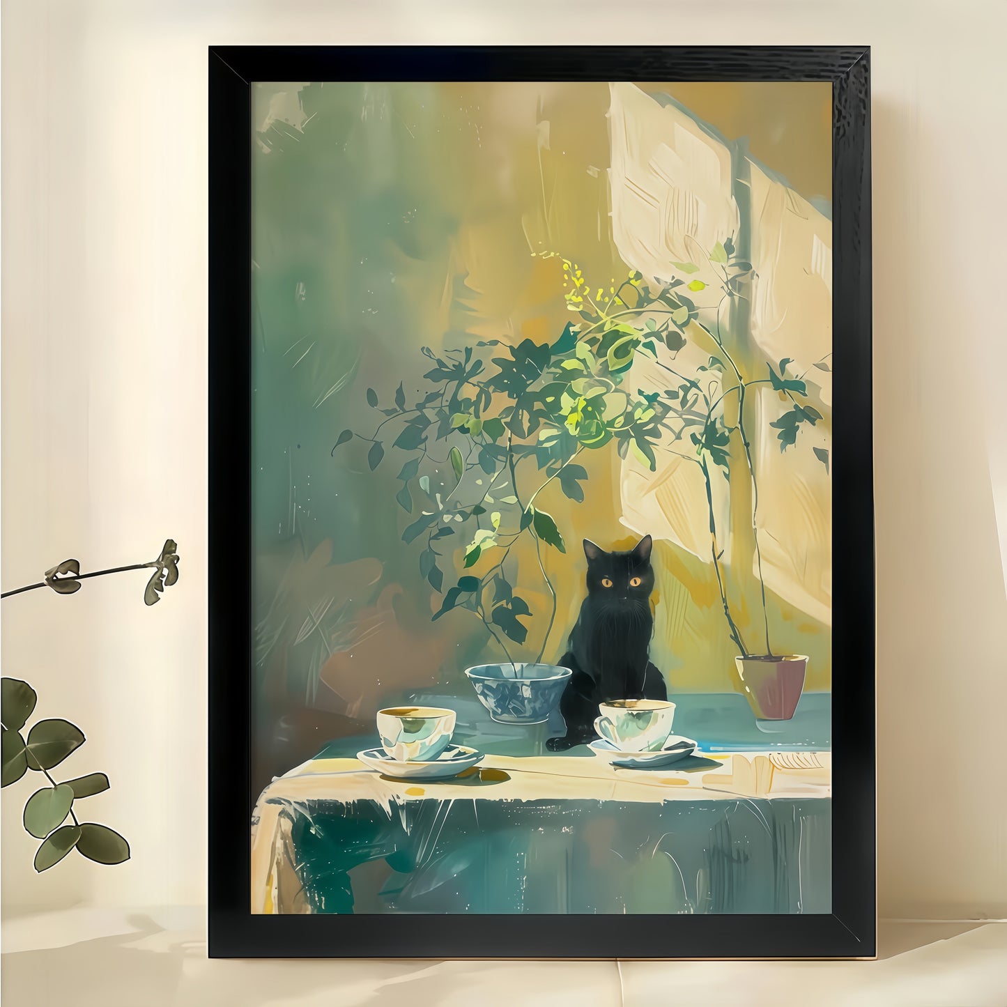 Tabletop Black Cat – Impressionist Still Life Cat Wall Art on Natural Wood Canvas