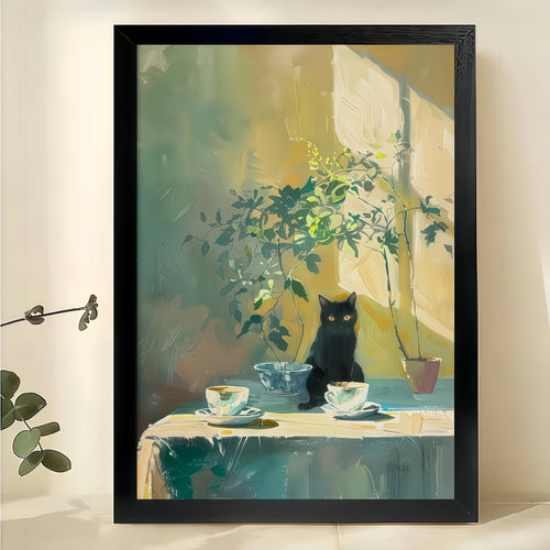 Tabletop Black Cat – Impressionist Still Life Cat Wall Art on Natural Wood Canvas