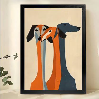The Geometric Dachshund Trio – Modern Abstract Wall Art on Natural Wood Canvas