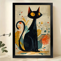 Mid-Century Modern Black Cat – Abstract Floral Cat Wall Art on Natural Wood Canvas