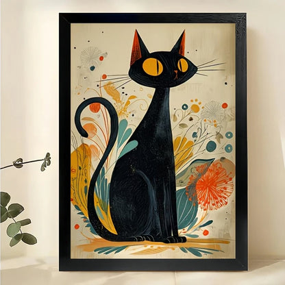 Mid-Century Modern Black Cat – Abstract Floral Cat Wall Art on Natural Wood Canvas
