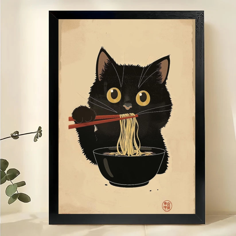 Black Cat Eating Ramen – Whimsical Japanese Ukiyo-e Style Wall Art on Natural Wood Canvas