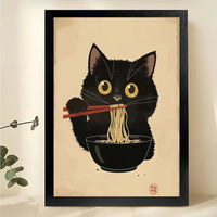 Black Cat Eating Ramen – Whimsical Japanese Ukiyo-e Style Wall Art on Natural Wood Canvas