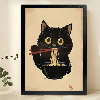 Black Cat Eating Ramen – Whimsical Japanese Ukiyo-e Style Wall Art on Natural Wood Canvas